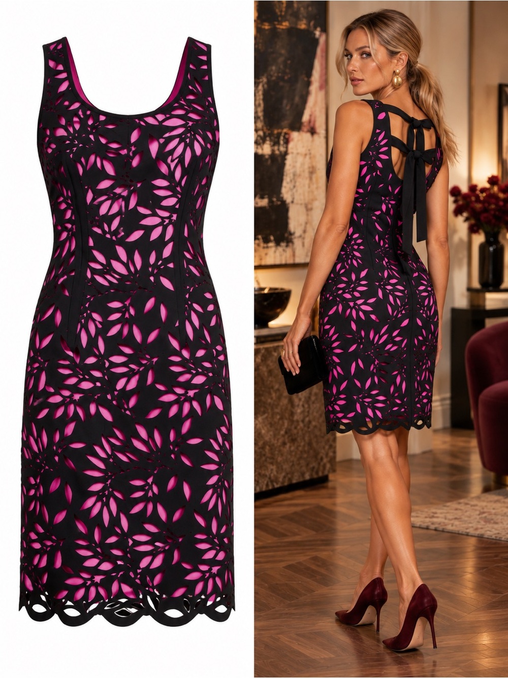 FOCUS by Shani Laser Cut Floral Bow Back Sheath Dress Black Pink Size 6 Cocktail